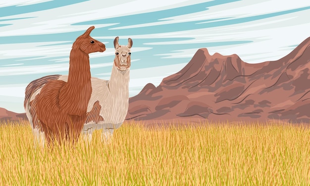 A pair of llamas stand in tall dry grass at the foot of a mountain range Domesticated animals