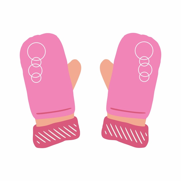 Pair of pink woolen knitted mittens with circles pattern Woolen knitted gloves isolated on the white