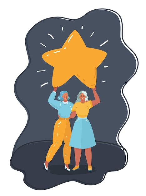 Pair of pretty young women hold a star above