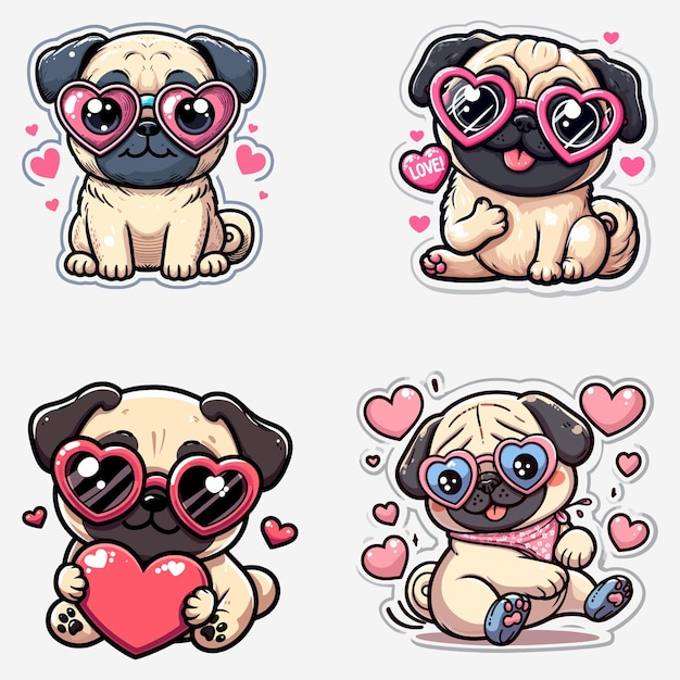 a pair of pugs with glasses that say love