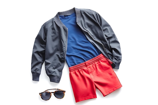 a pair of red shorts with a blue shirt and red shorts