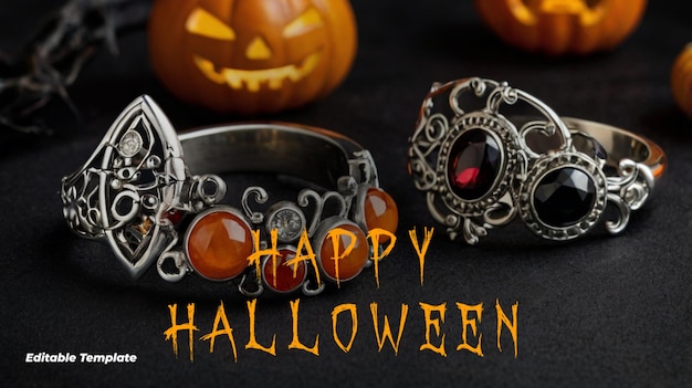 a pair of silver bracelets with a carved face and a carved pumpkin on the front