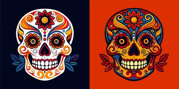 a pair of skulls and flowers are shown on a red background