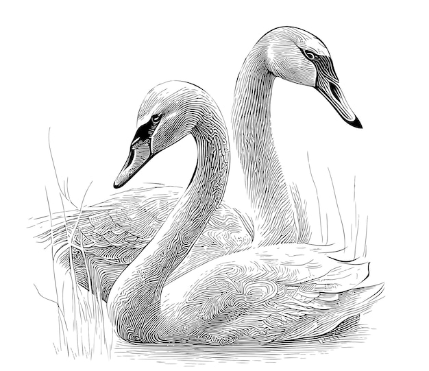 Pair of swans swimming in the pond hand drawn sketch in doodle style illustration