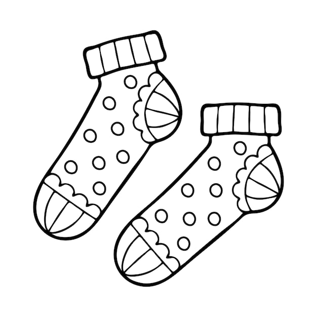 Pair of warm socks coloring page Clothes of the feet decorated with patterns Wardrobe item Hand drawn vector line art illustration Coloring book for children Black and white sketch