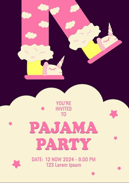 Vector pajama party poster invitation feet in unicorn slippers vector illustration