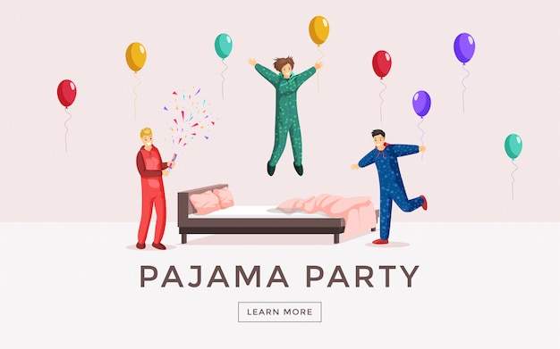 Pajama party web template. Overnight stay landing page, sleepover, slumber party poster concept. Happy young people in pyjama having fun flat illustration with typography