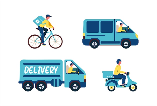 Pak delivery on different vehicles courier on a motorcycle and on a bicycle courier delivery by car