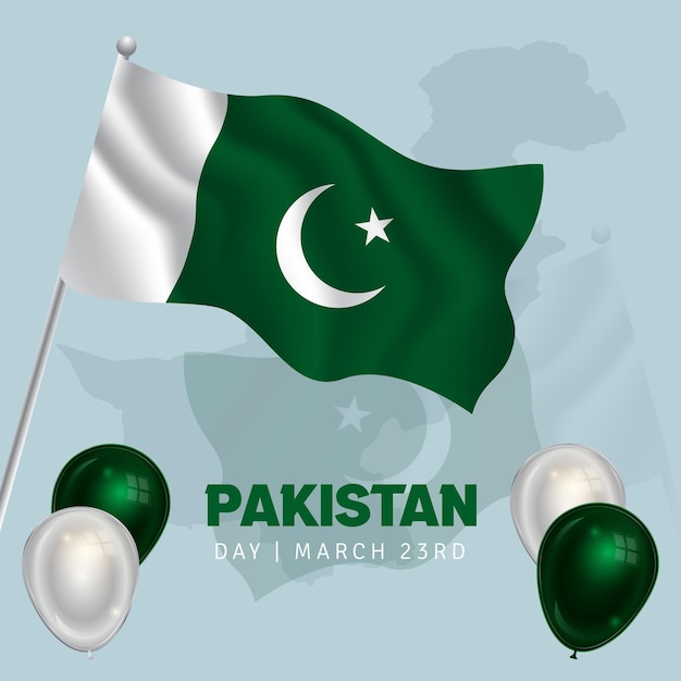 Pakistan Day March 3rd with flag balloons and map illustration