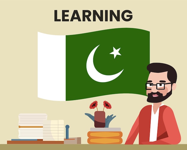 Pakistan flag with a male teacher learning or teaching Pakistan language school concept