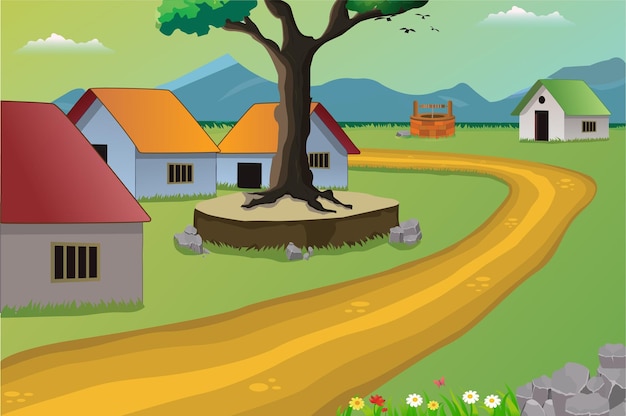 Pakistan village background illustration, village surrounded by mountains