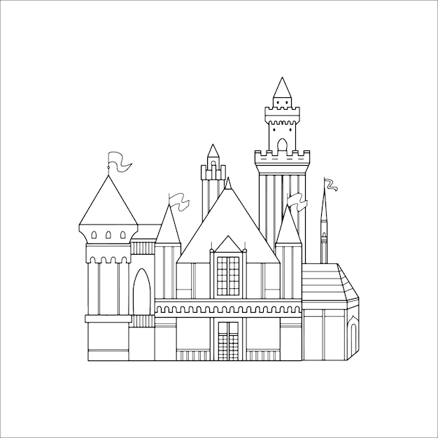 Palace lineart for kids princess fairytale coloring book, playground wallpaper, birthday drawing