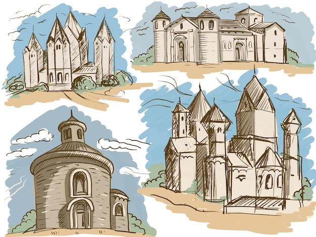 Palace old castle history sketch graphic hand drawn graphic illustration big set separately