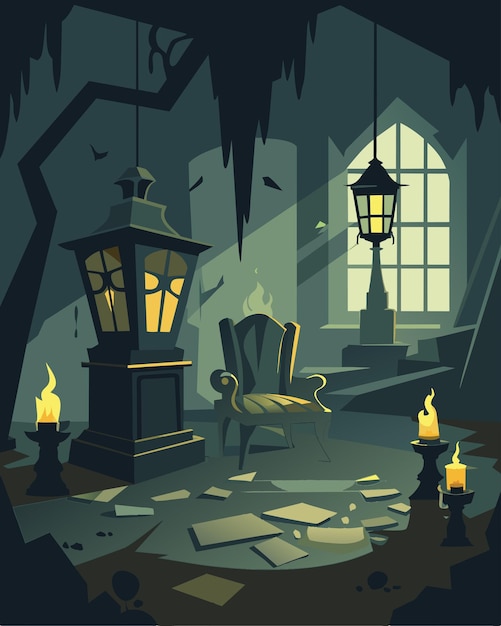 Vector the pale glow of the gaslights ly illuminated the tattered furniture casting a haunting aura over