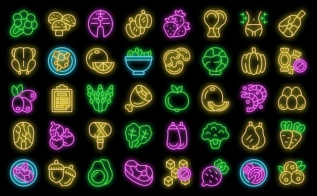 Paleo diet icons set vector neon