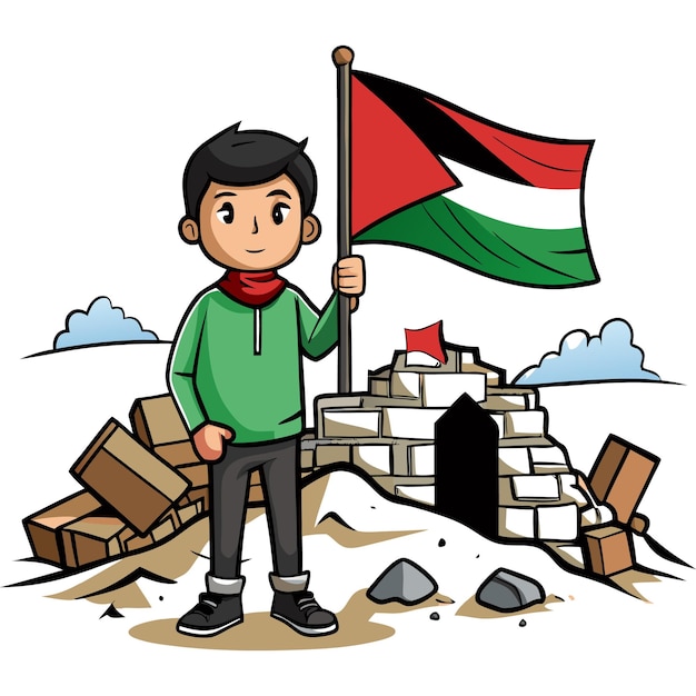 Vector a palestine boy stand with palestine soldier with flag cartoon character stock image