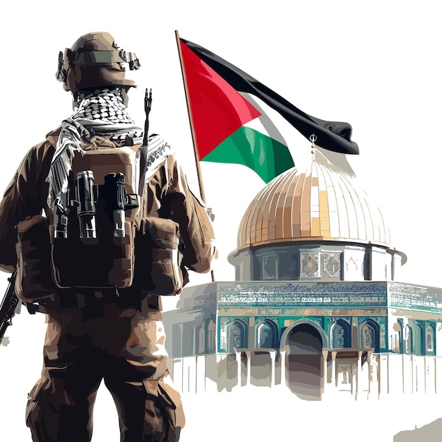 A Palestine soldier stands with weapons or freedom flag in front of AlAqsa on white background