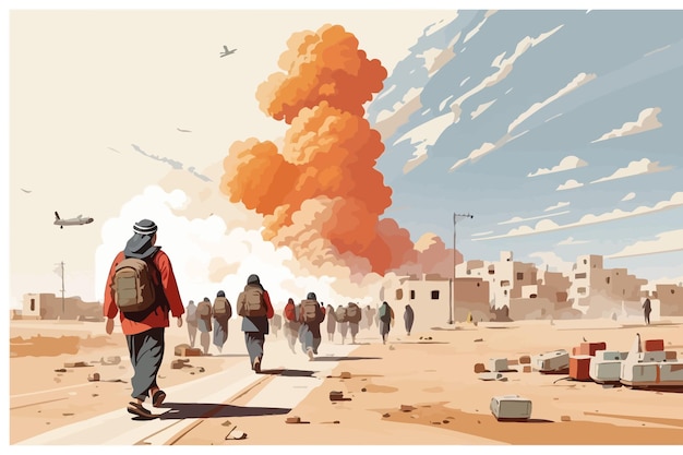 Palestinian refugees fleeing war Israel illustration