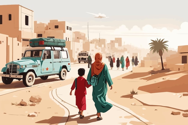 Palestinian refugees fleeing war Israel illustration