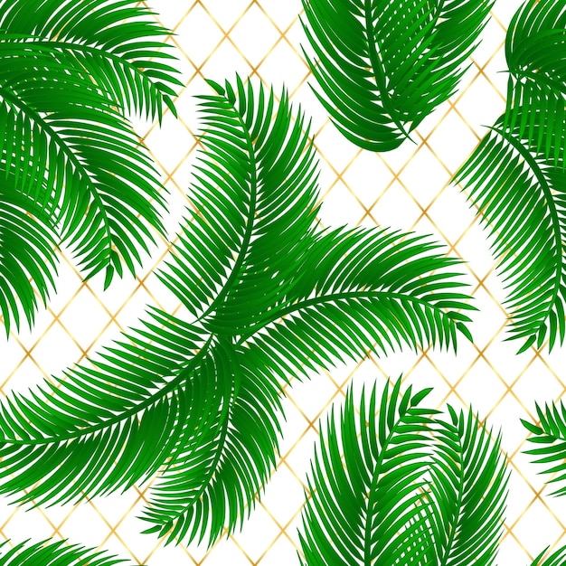 Palm leafs seamless pattern with golden grid