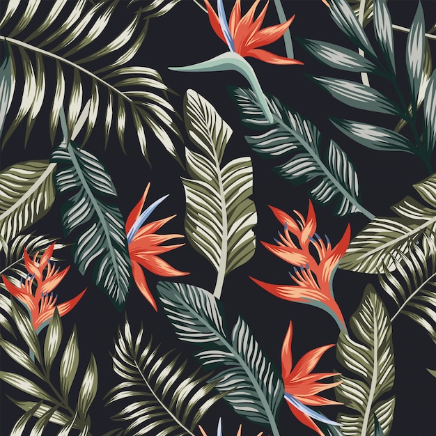 Palm leaves tropical flowers seamless pattern wallpaper