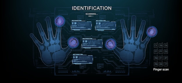 Palm scan with display on holographic HUD panels Futuristic scan of human hands with HUD elements Finger identification and scanning Technology digital screen of the future