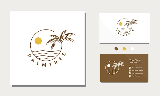 Palm tree beach circle minimalist line art logo template vector illustration design