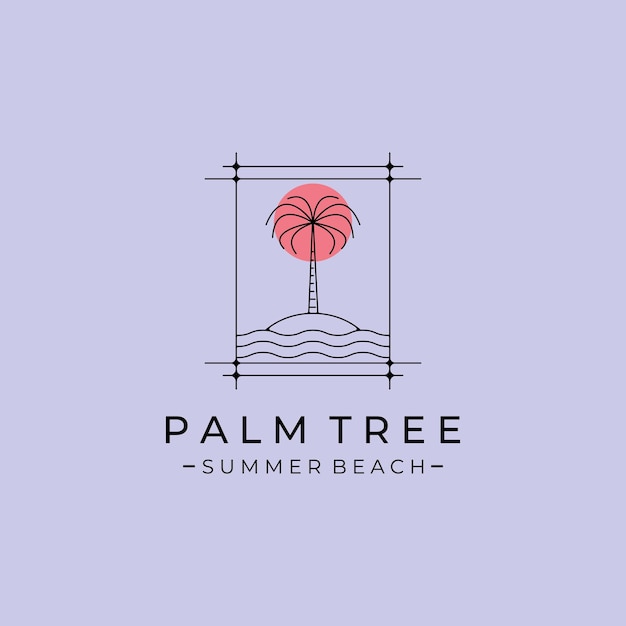 Palm tree island line logo vector symbol with sunset illustration design minimal emblem design