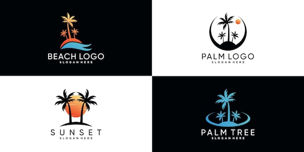 Palm tree or palm beach icon set logo design with creative element Premium Vector