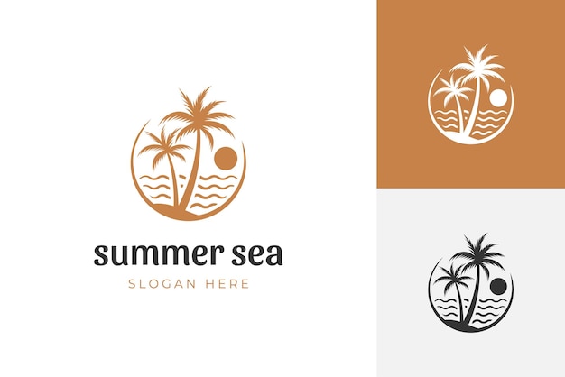 Palm tree and paradise logo with tropical beach line art symbol element for the summer holiday logo Vector illustration flat design