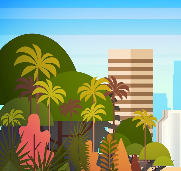 Vector palm tree park over city buildings skyscrapers illustration summer cityscape on sunset view