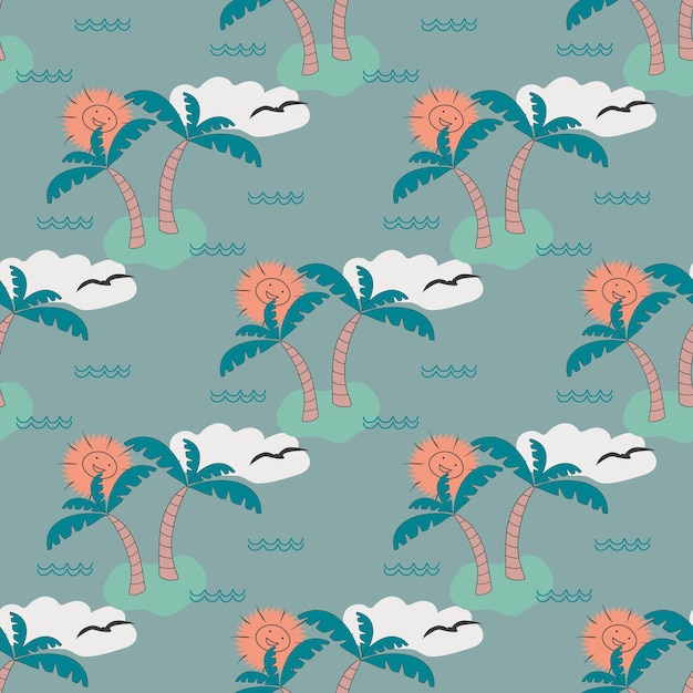 Palm tree pattern on a tropical island and a seagull flying over the sea