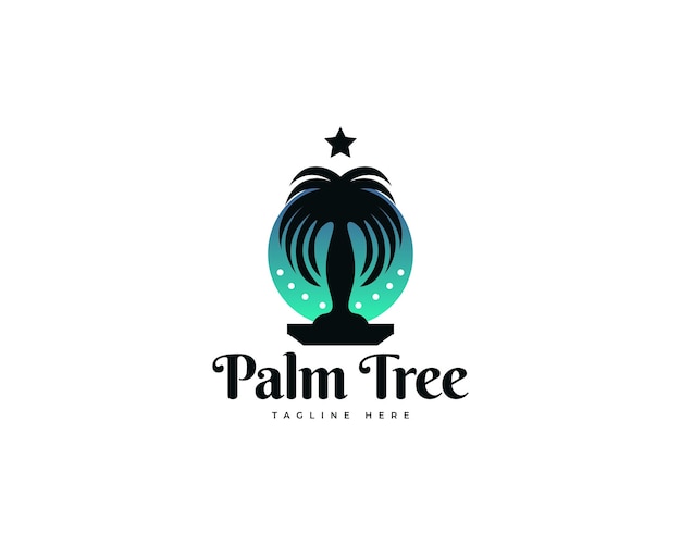 Palm Tree Silhouette Logo with Star and Green Sun Behind Suitable for Travel Spa or Resort Industry Logo