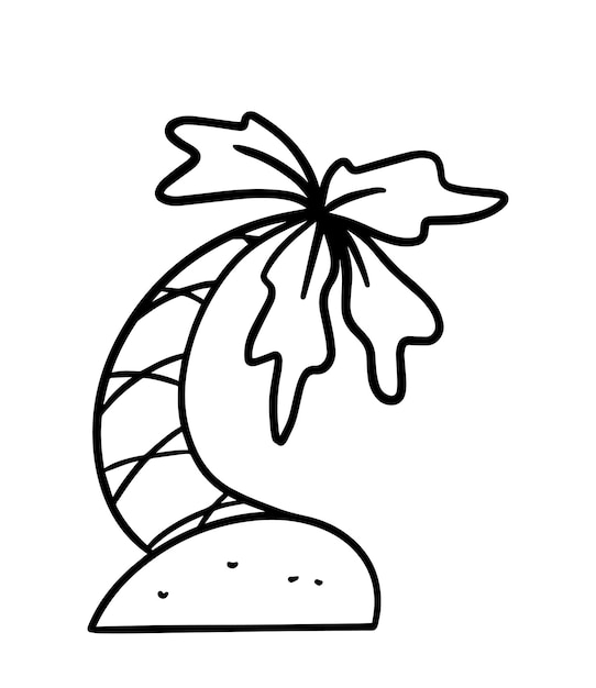 Palm tree on a small sandy island doodle linear cartoon coloring book