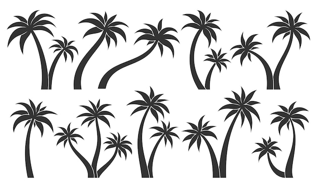 Palm tree tropic plant leaf stamp black glyph set