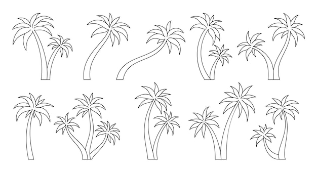 Palm tree tropic plant trunk summer black line set