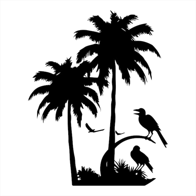 palm tree with bird silhouette white background