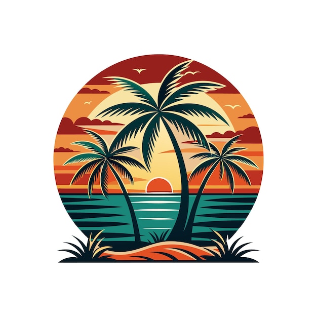 Palm tree with ocean retro color design vector