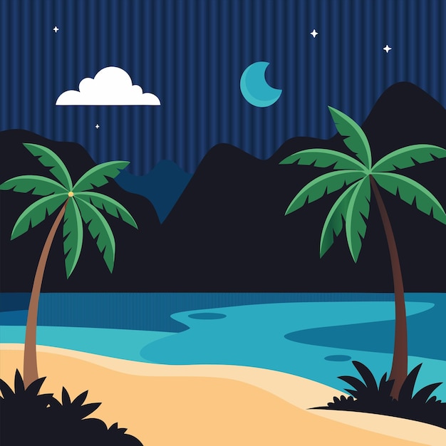 Vector palm trees on a beach with a moon in the background