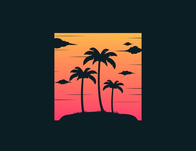 Palm trees silhouette with sunset behing with vintage style icon design template