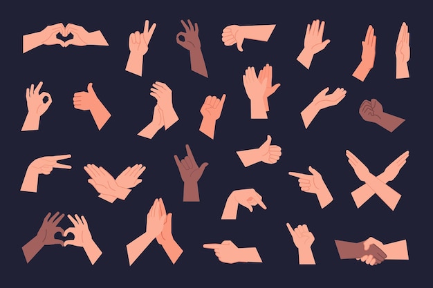 Vector palms poses hand gestures with clenched fingers arm showing something thumb up ok five number gesture pinch wrist pose handshake closeup handing applause set vector illustration