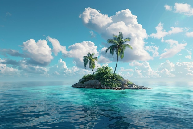 Vector palms on a small ocean island tropical island with coconut tree seascape tropical beach 3d render