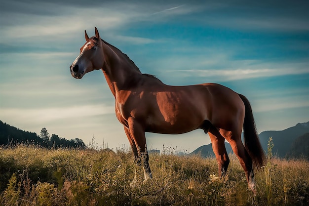 Vector palomino horse trotting in meadow at sunset light