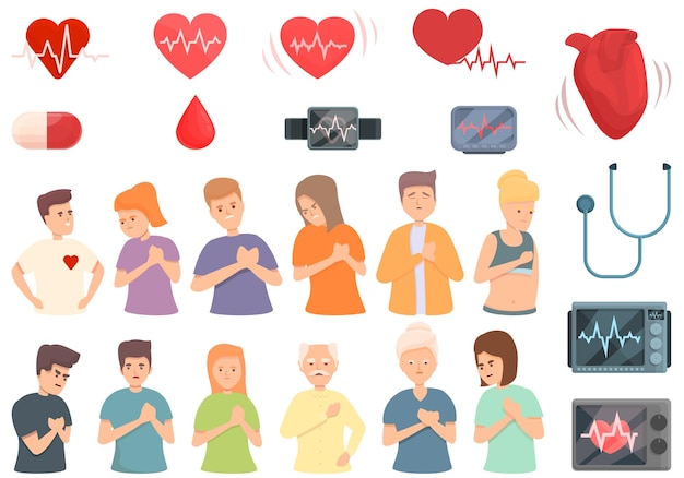 Palpitating icons set cartoon vector. Aid attack. Breath abdomen disorder