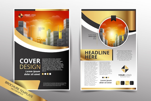 Pamphlet design template with city background Gold Color