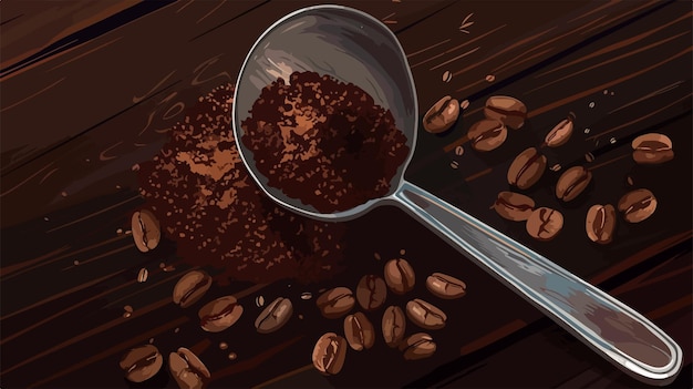 Vector a pan with coffee beans and a spoon with seeds on it