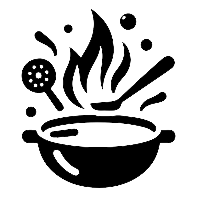 a pan with flying food elements and flames all in a sleek and simple design vector silhouette