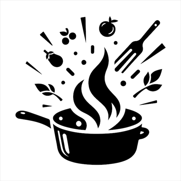 a pan with flying food elements and flames all in a sleek and simple design vector silhouette