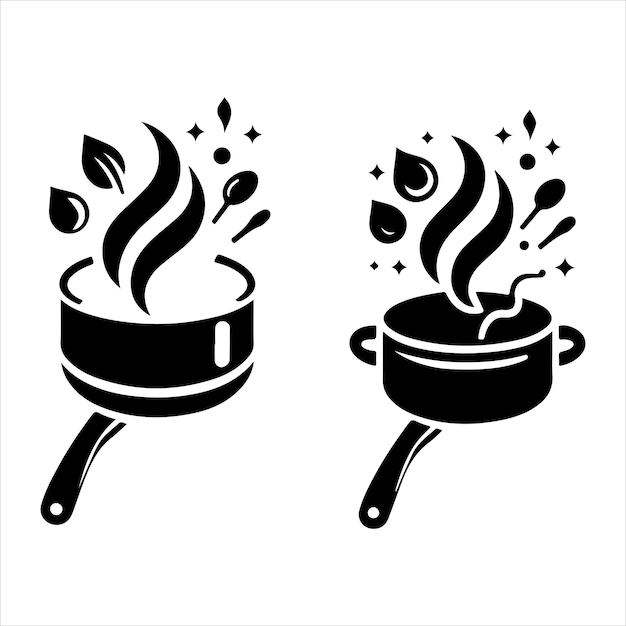 a pan with flying food elements and flames all in a sleek and simple design vector silhouette