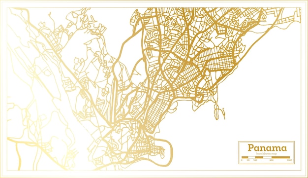 Panama City Map in Retro Style in Golden Color Outline Map